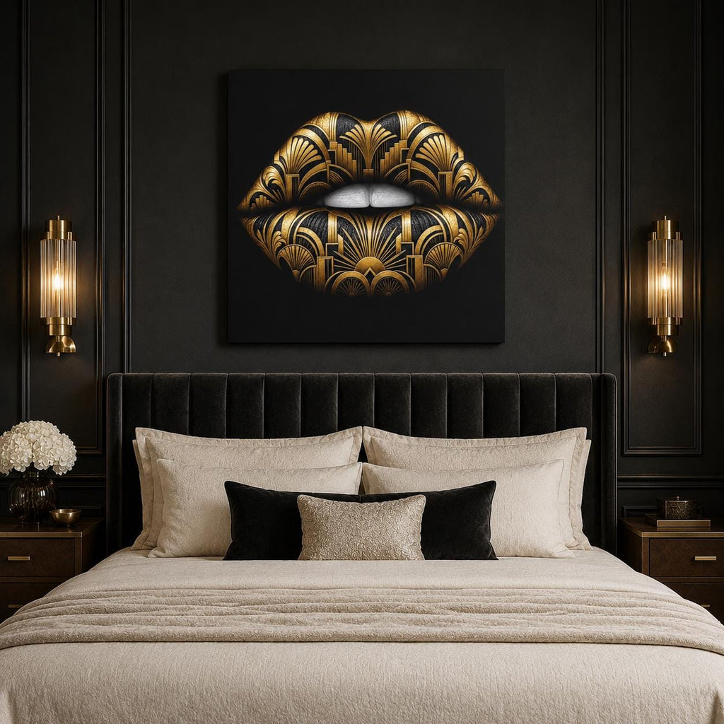 Black Gold Lips Canvas Wall Art, Art Deco Glam Decor, Fashion Wall Art, Maximalist Bedroom Decor, Luxury Beauty Salon Art Gift
