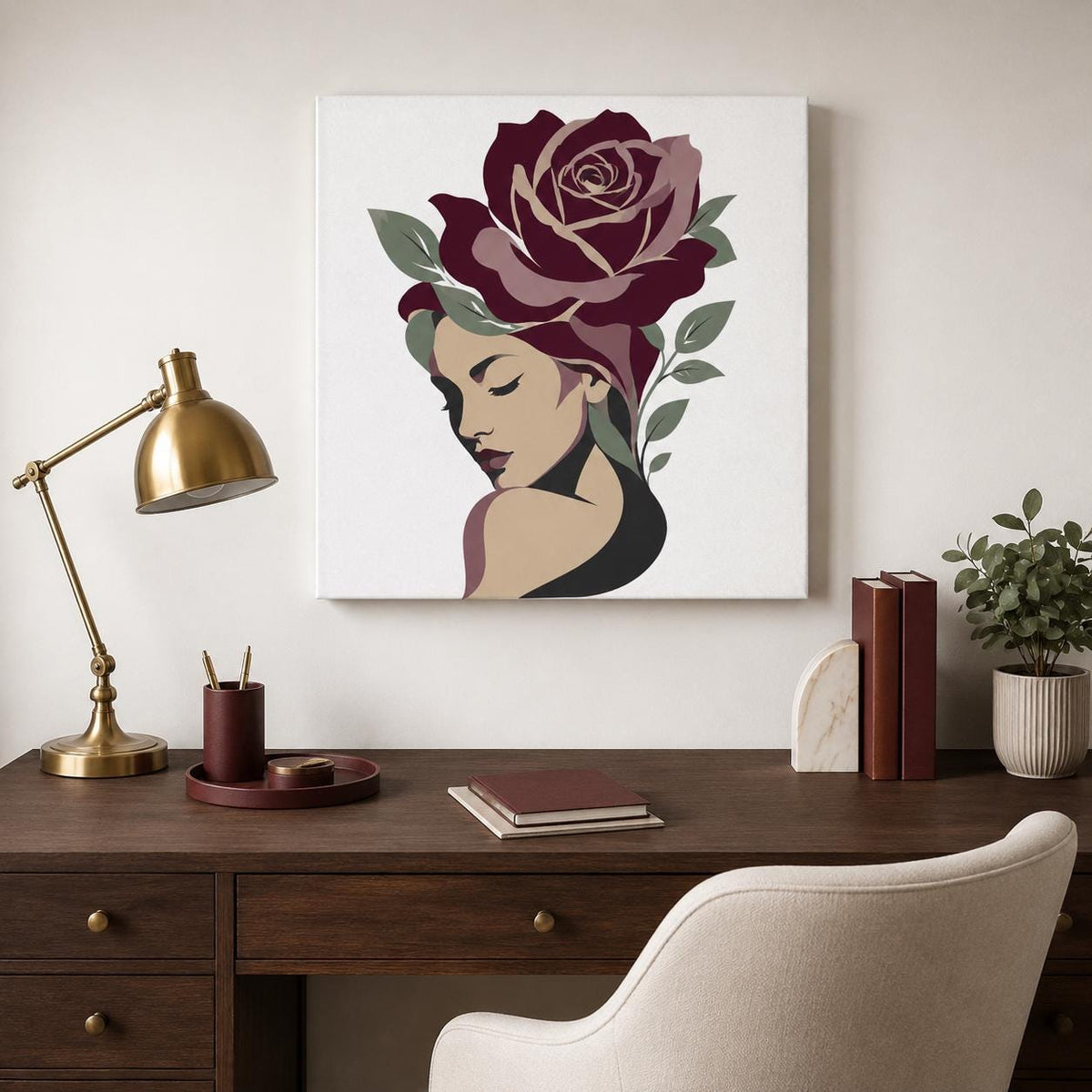 Floral Woman Canvas Wall Art, Burgundy Rose Portrait, Feminine Botanical Decor, Modern Bedroom Artwork, Gift for Her