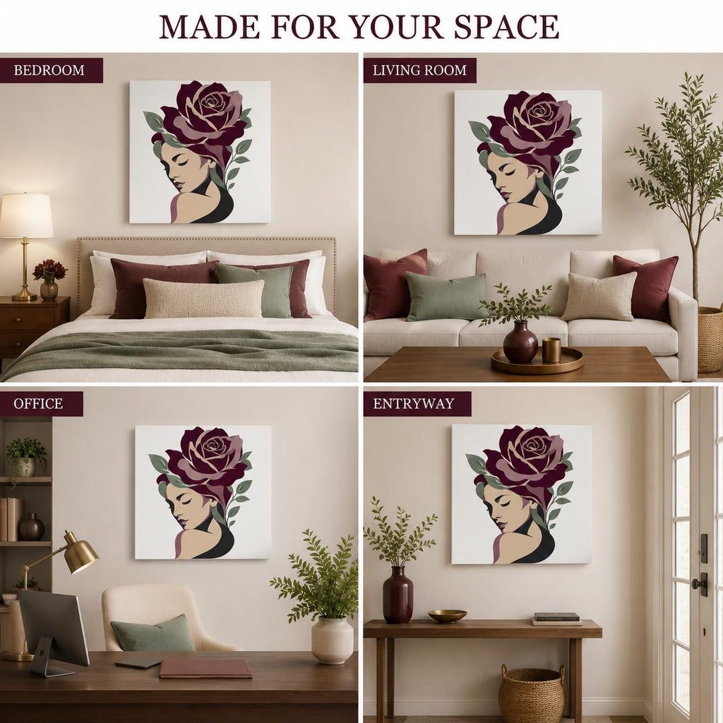 Floral Woman Canvas Wall Art, Burgundy Rose Portrait, Feminine Botanical Decor, Modern Bedroom Artwork, Gift for Her