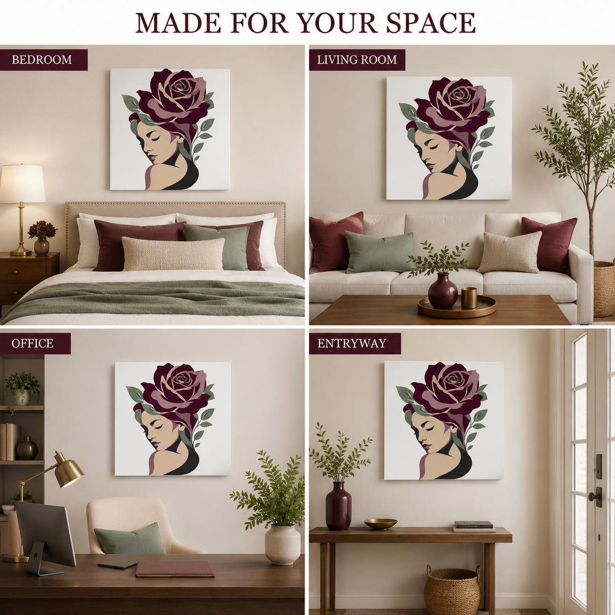 Floral Woman Canvas Wall Art, Burgundy Rose Portrait, Feminine Botanical Decor, Modern Bedroom Artwork, Gift for Her