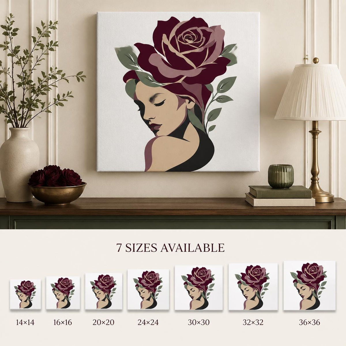 Floral Woman Canvas Wall Art, Burgundy Rose Portrait, Feminine Botanical Decor, Modern Bedroom Artwork, Gift for Her