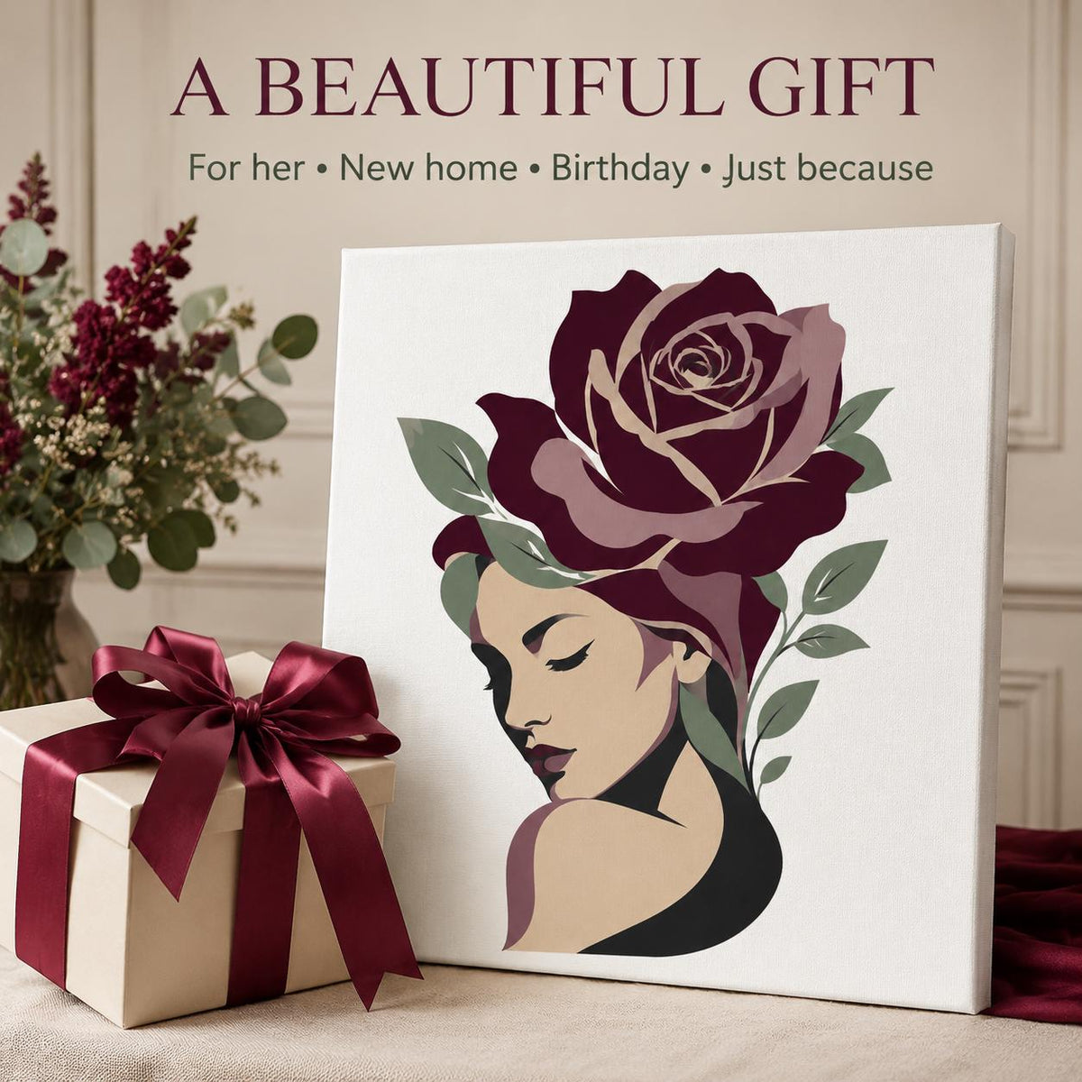 Floral Woman Canvas Wall Art, Burgundy Rose Portrait, Feminine Botanical Decor, Modern Bedroom Artwork, Gift for Her