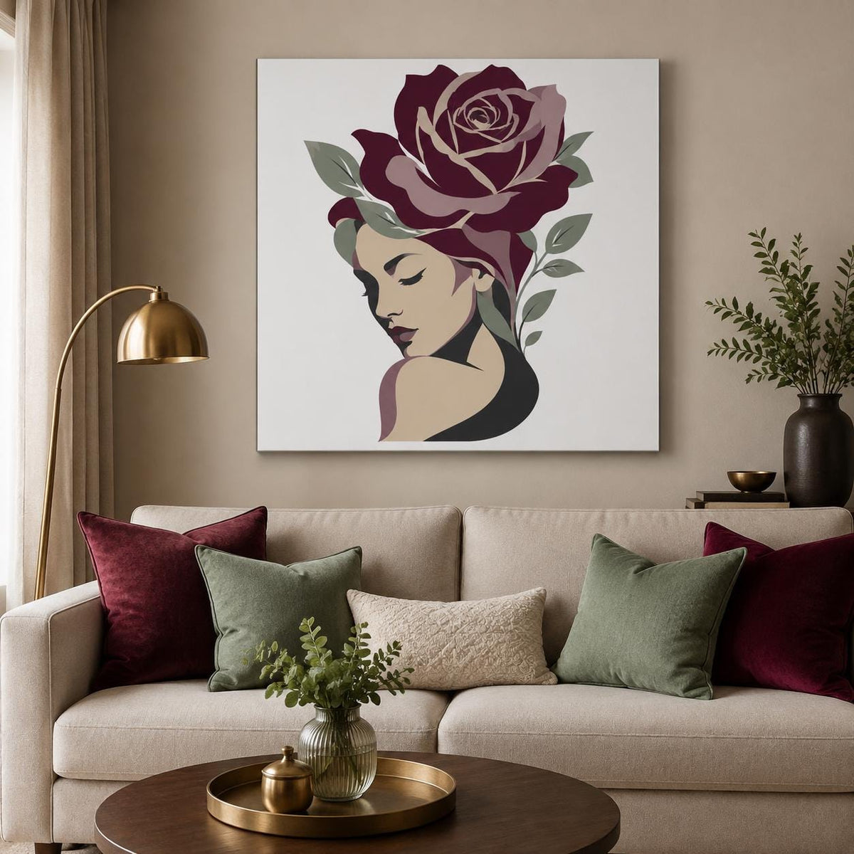 Floral Woman Canvas Wall Art, Burgundy Rose Portrait, Feminine Botanical Decor, Modern Bedroom Artwork, Gift for Her