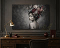 Black and White Woman Canvas Wall Art, Floral Portrait with Burgundy Flowers, Moody Feminine Decor, Large Bedroom Statement Art