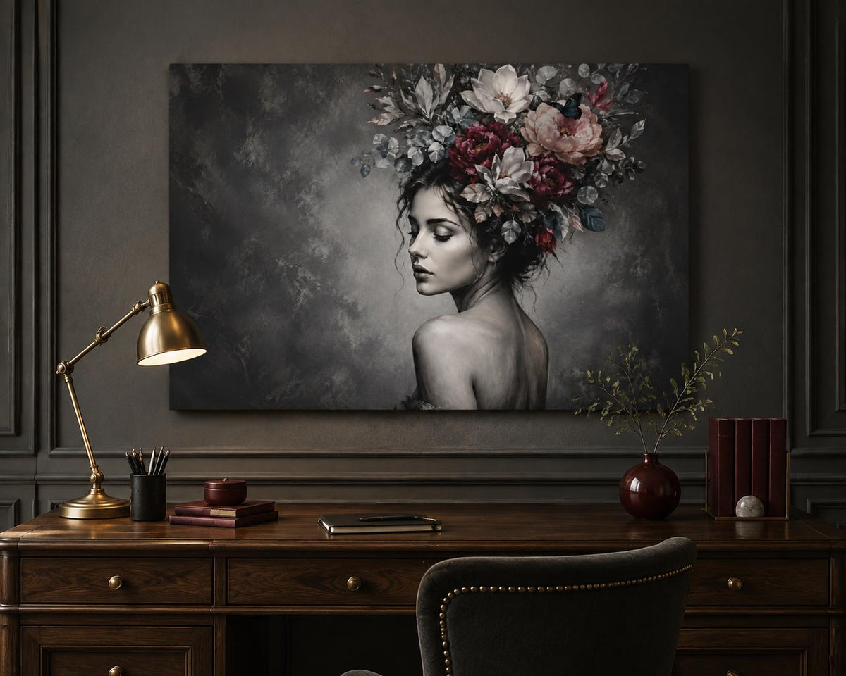 Black and White Woman Canvas Wall Art, Floral Portrait with Burgundy Flowers, Moody Feminine Decor, Large Bedroom Statement Art