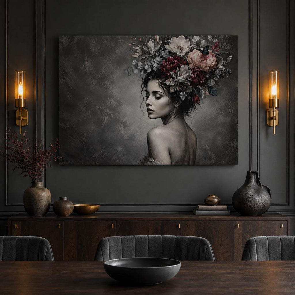 Black and White Woman Canvas Wall Art, Floral Portrait with Burgundy Flowers, Moody Feminine Decor, Large Bedroom Statement Art