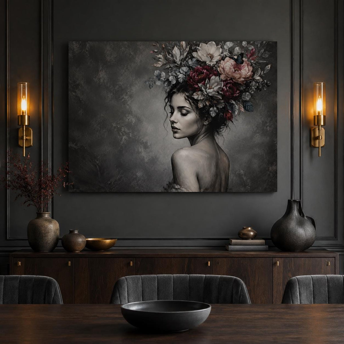 Black and White Woman Canvas Wall Art, Floral Portrait with Burgundy Flowers, Moody Feminine Decor, Large Bedroom Statement Art
