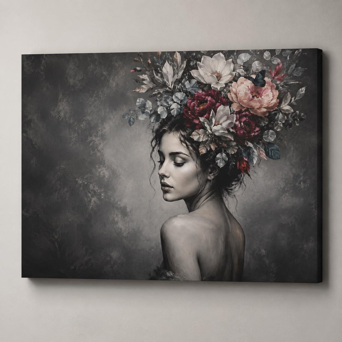Black and White Woman Canvas Wall Art, Floral Portrait with Burgundy Flowers, Moody Feminine Decor, Large Bedroom Statement Art