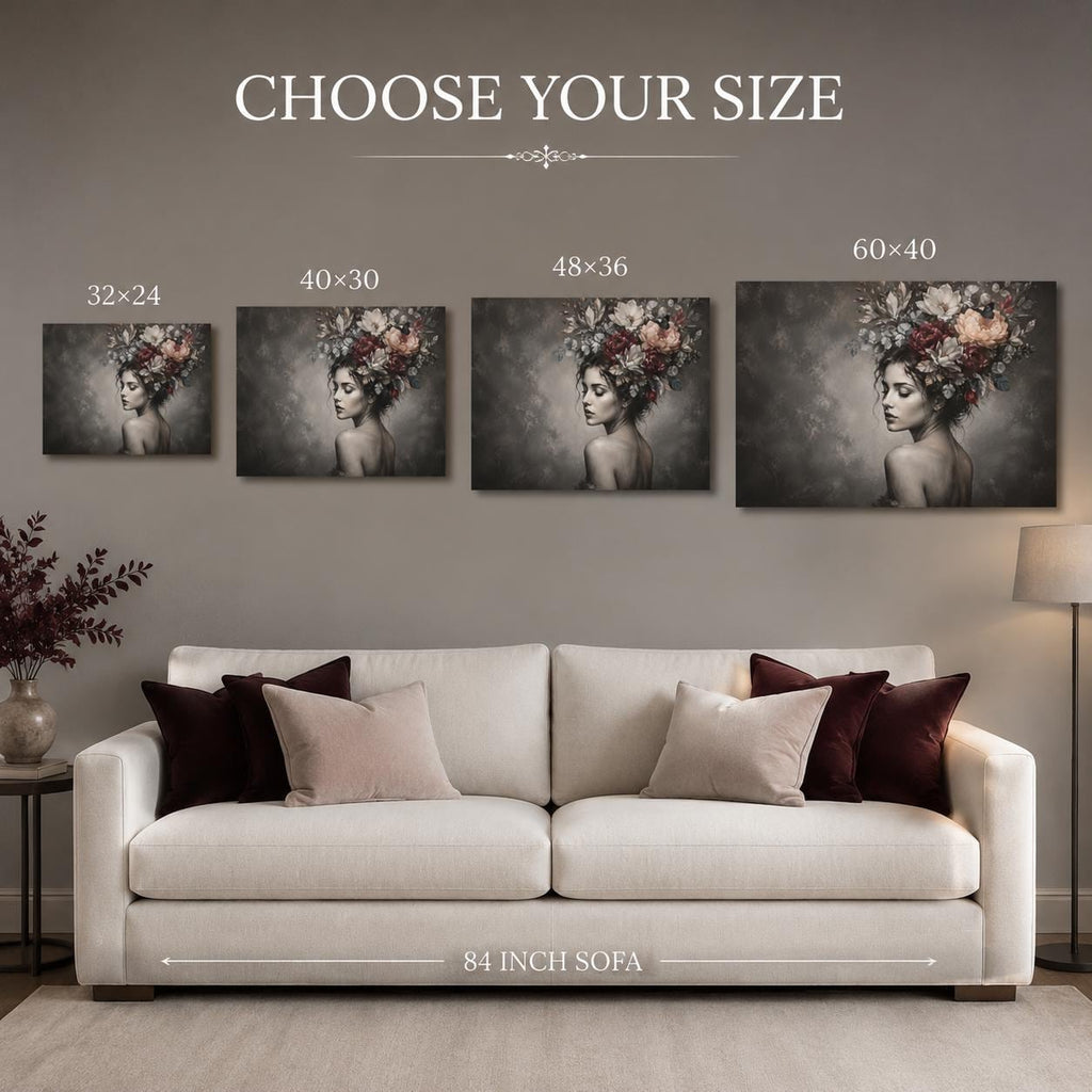 Black and White Woman Canvas Wall Art, Floral Portrait with Burgundy Flowers, Moody Feminine Decor, Large Bedroom Statement Art