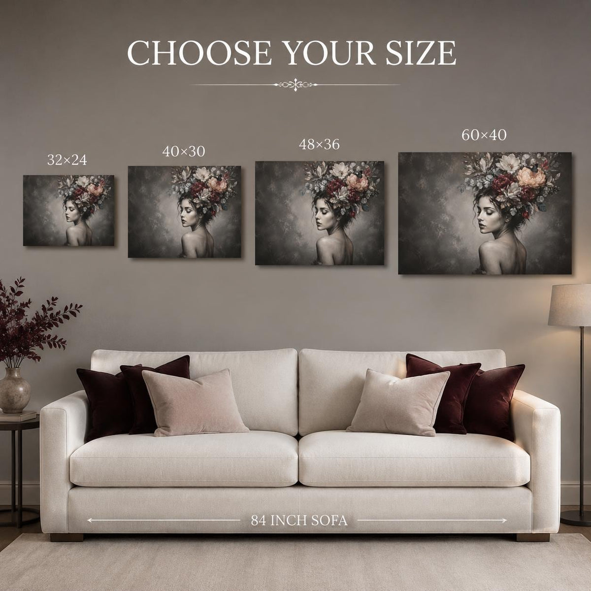 Black and White Woman Canvas Wall Art, Floral Portrait with Burgundy Flowers, Moody Feminine Decor, Large Bedroom Statement Art