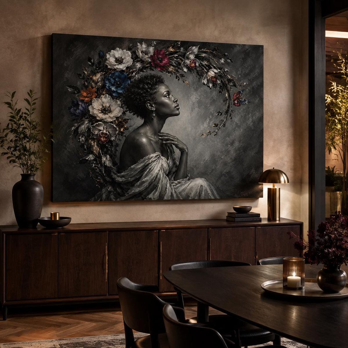 Black Woman Wall Art Canvas, Contemporary African American Portrait, Floral Botanical Art, Large Horizontal Black and White Decor