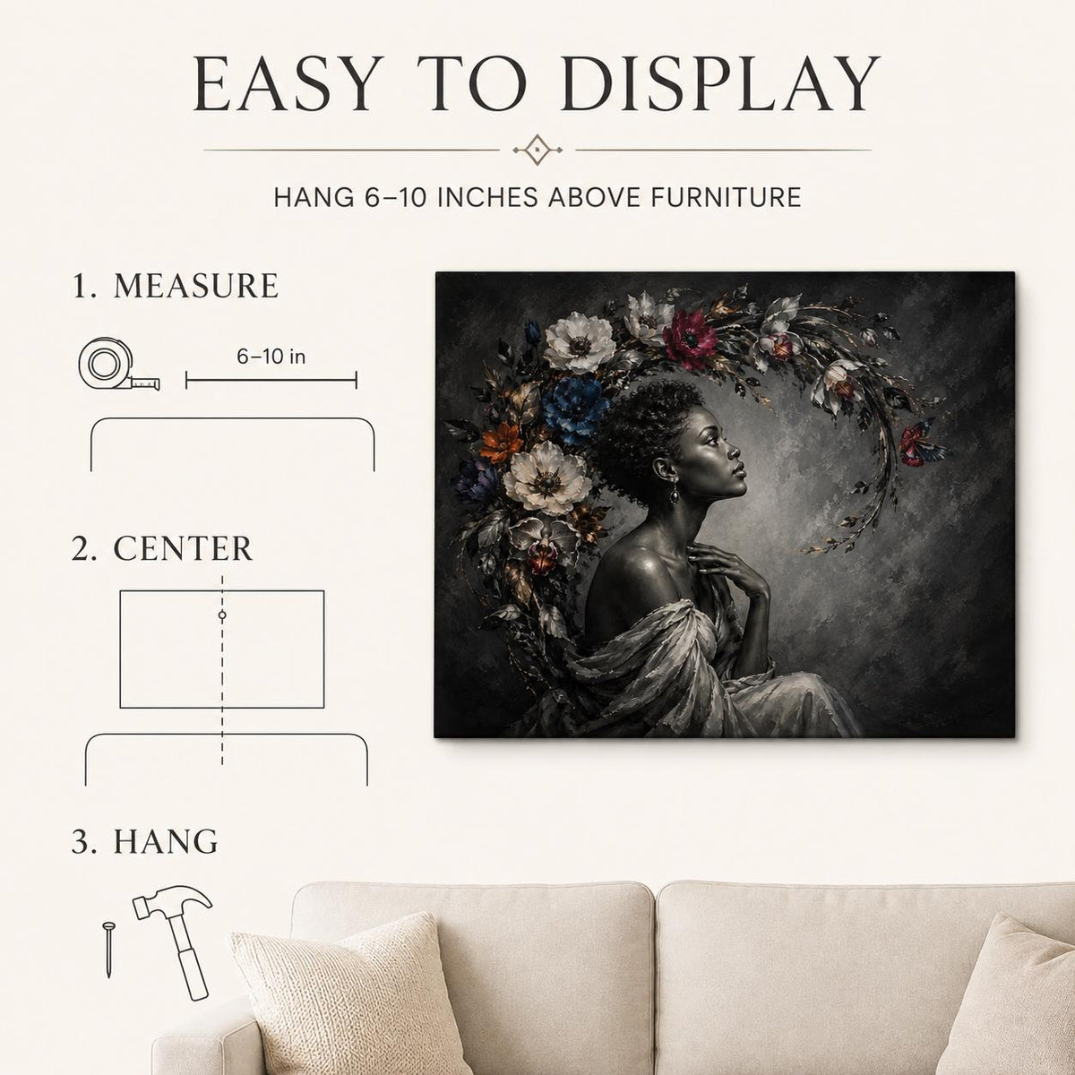 Black Woman Wall Art Canvas, Contemporary African American Portrait, Floral Botanical Art, Large Horizontal Black and White Decor