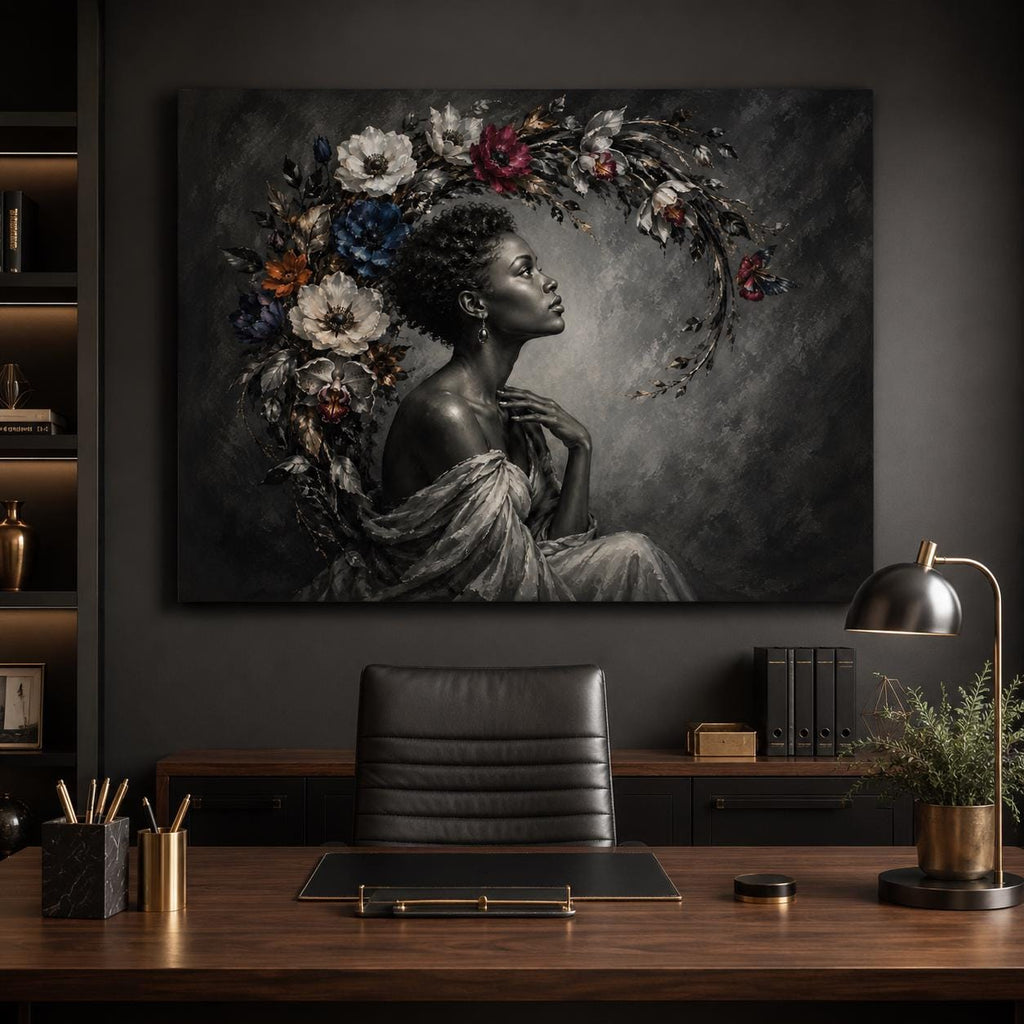 Black Woman Wall Art Canvas, Contemporary African American Portrait, Floral Botanical Art, Large Horizontal Black and White Decor