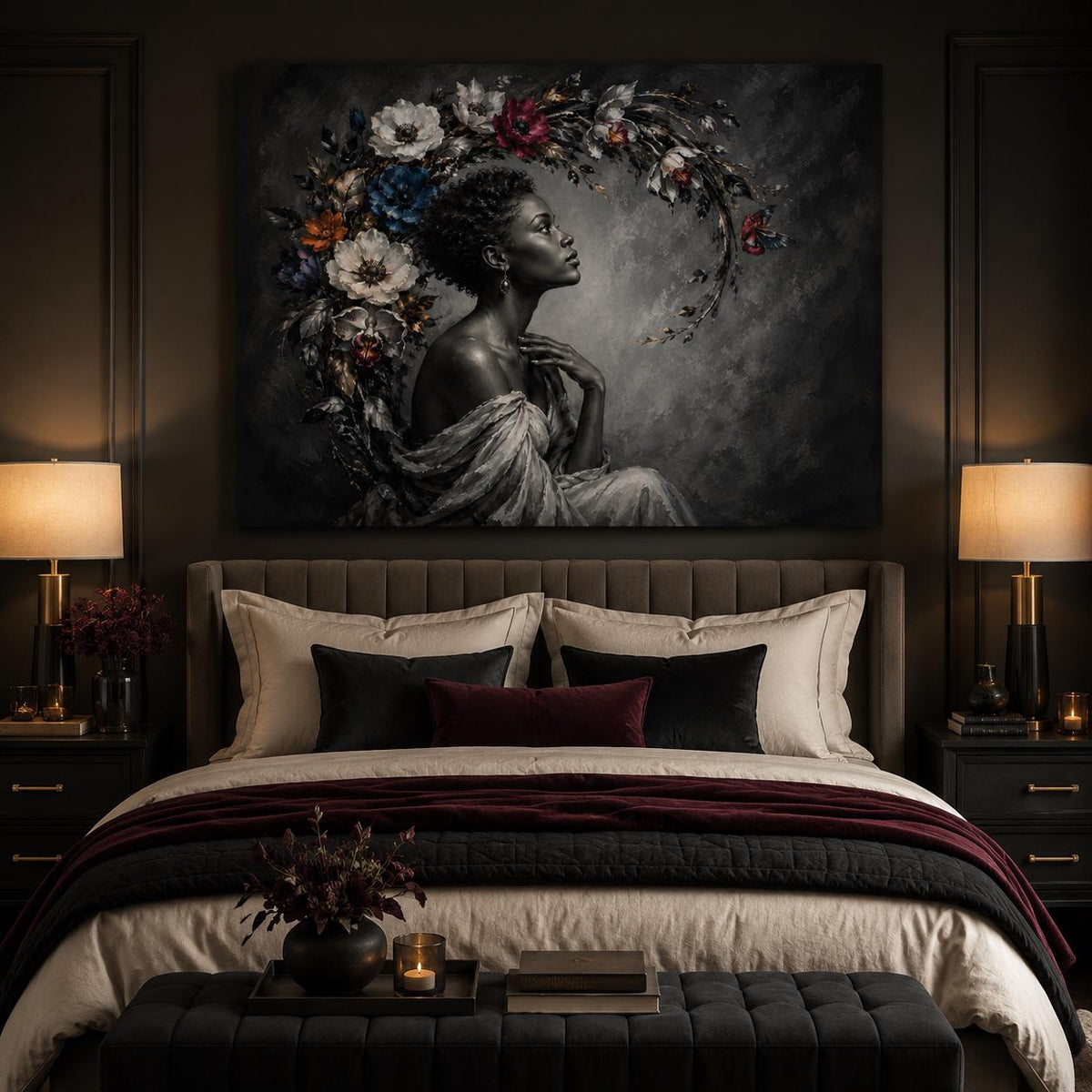 Black Woman Wall Art Canvas, Contemporary African American Portrait, Floral Botanical Art, Large Horizontal Black and White Decor