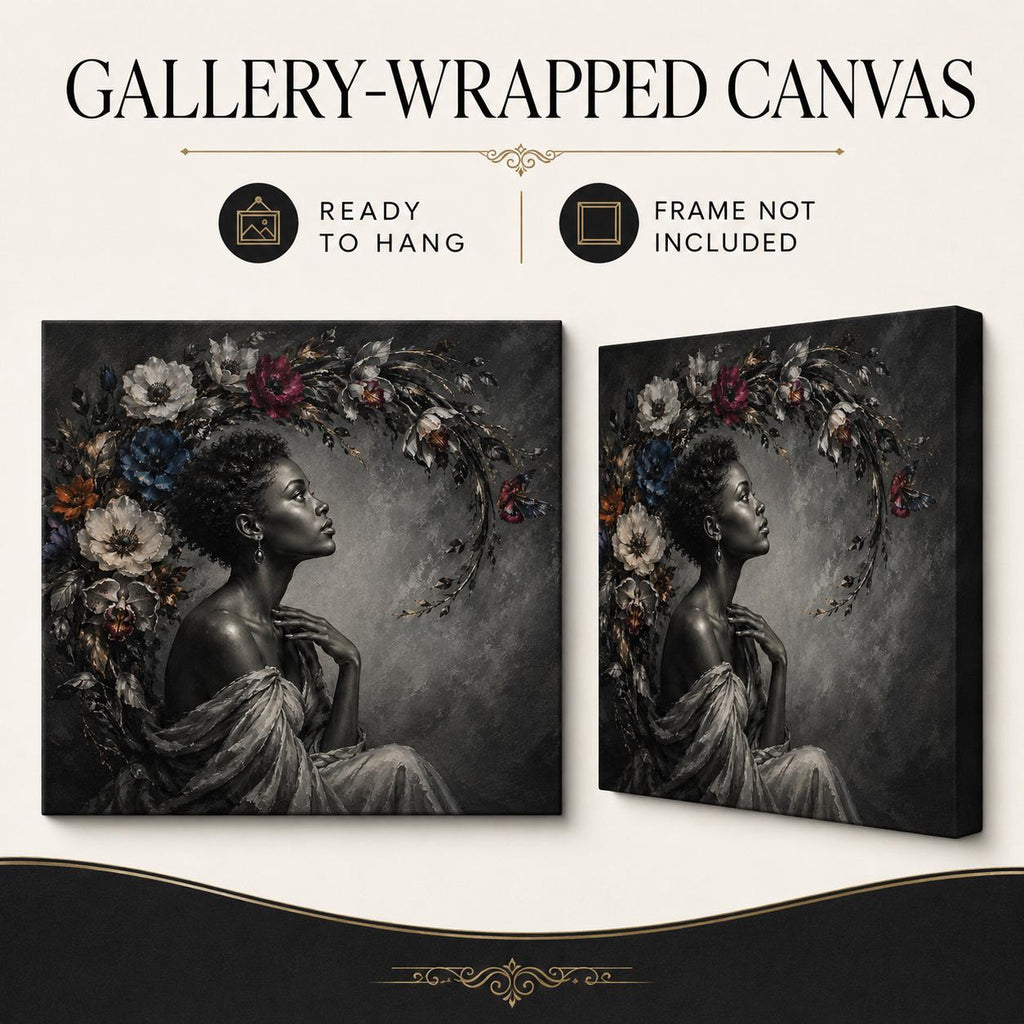 Black Woman Wall Art Canvas, Contemporary African American Portrait, Floral Botanical Art, Large Horizontal Black and White Decor