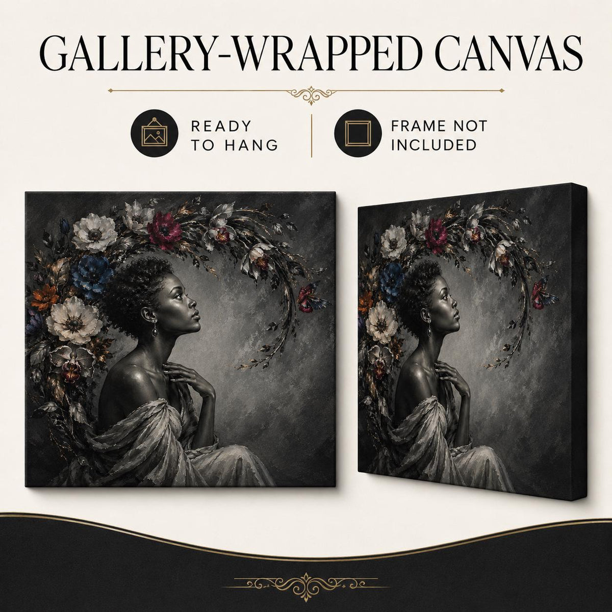 Black Woman Wall Art Canvas, Contemporary African American Portrait, Floral Botanical Art, Large Horizontal Black and White Decor