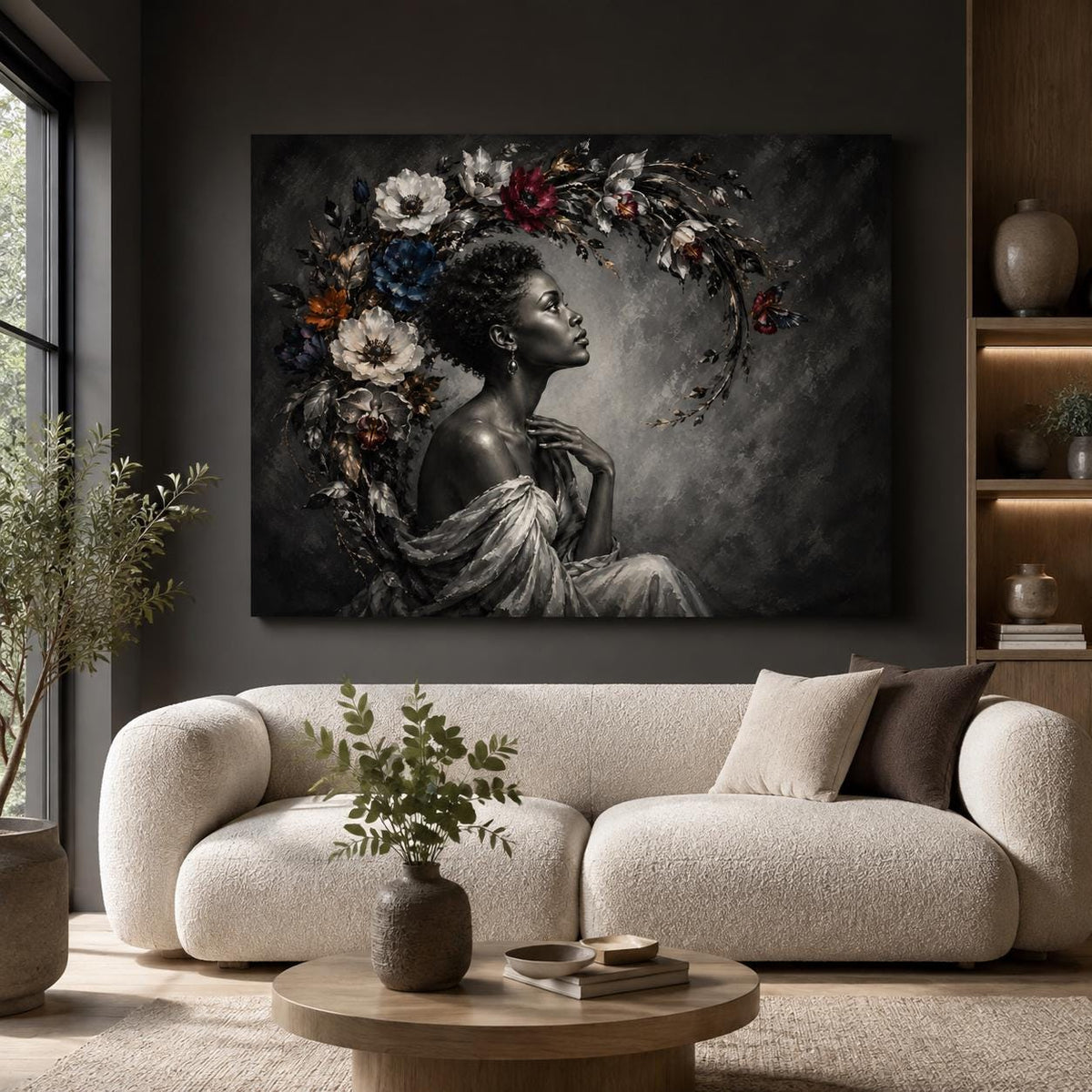 Black Woman Wall Art Canvas, Contemporary African American Portrait, Floral Botanical Art, Large Horizontal Black and White Decor