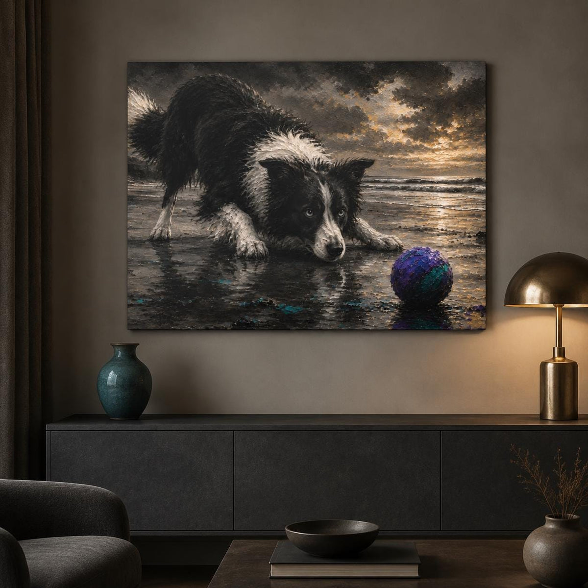 Border Collie Canvas Wall Art, Black and White Dog Beach Painting, Coastal Pet Lover Gift, Herding Dog Home Decor
