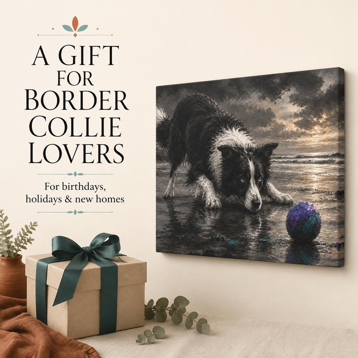 Border Collie Canvas Wall Art, Black and White Dog Beach Painting, Coastal Pet Lover Gift, Herding Dog Home Decor