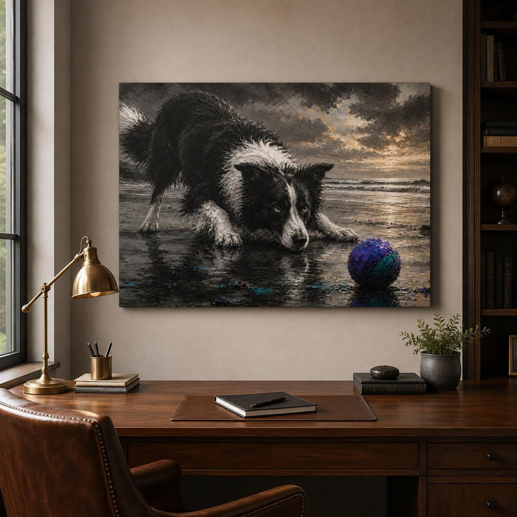 Border Collie Canvas Wall Art, Black and White Dog Beach Painting, Coastal Pet Lover Gift, Herding Dog Home Decor