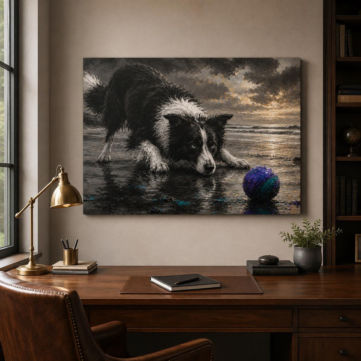 Border Collie Canvas Wall Art, Black and White Dog Beach Painting, Coastal Pet Lover Gift, Herding Dog Home Decor