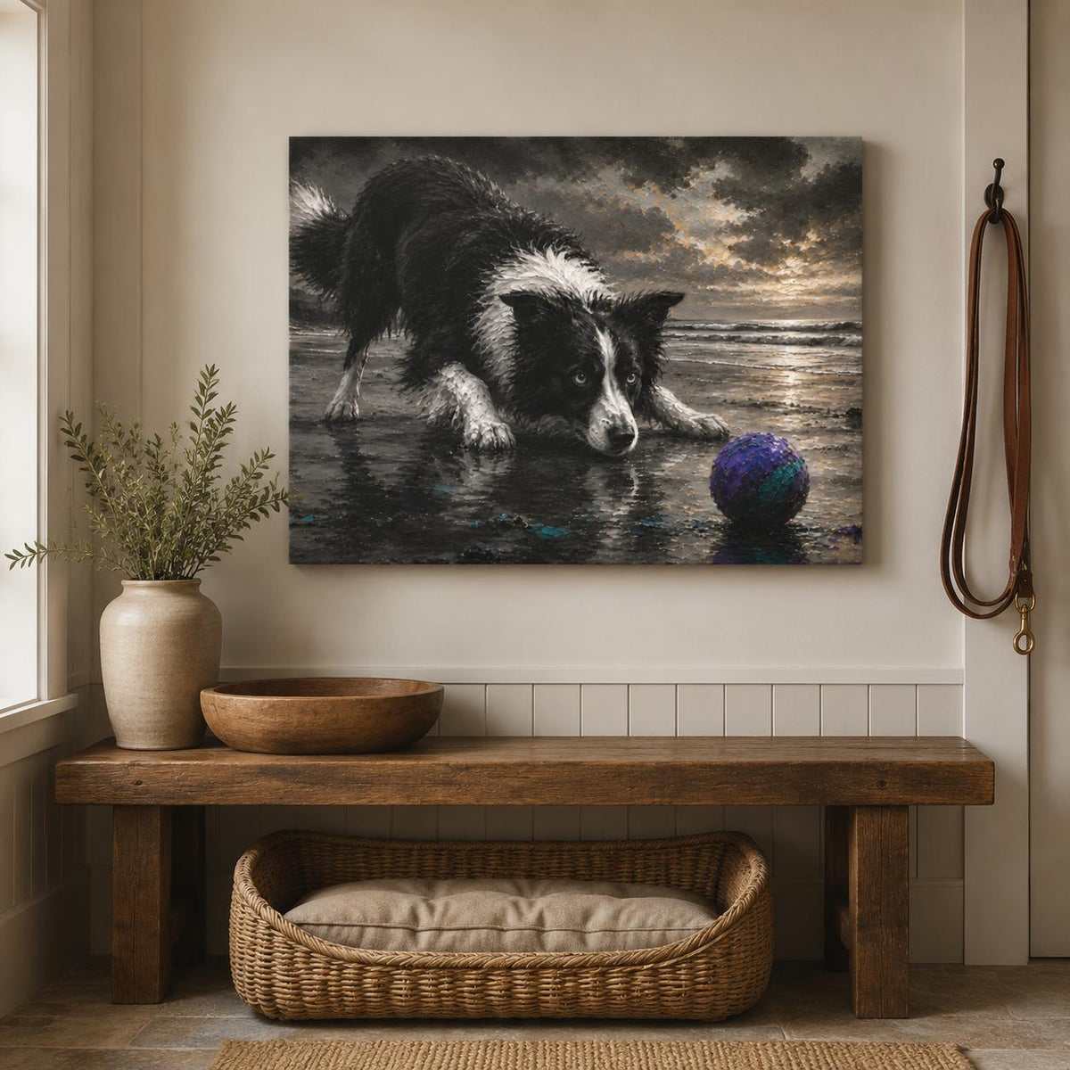 Border Collie Canvas Wall Art, Black and White Dog Beach Painting, Coastal Pet Lover Gift, Herding Dog Home Decor