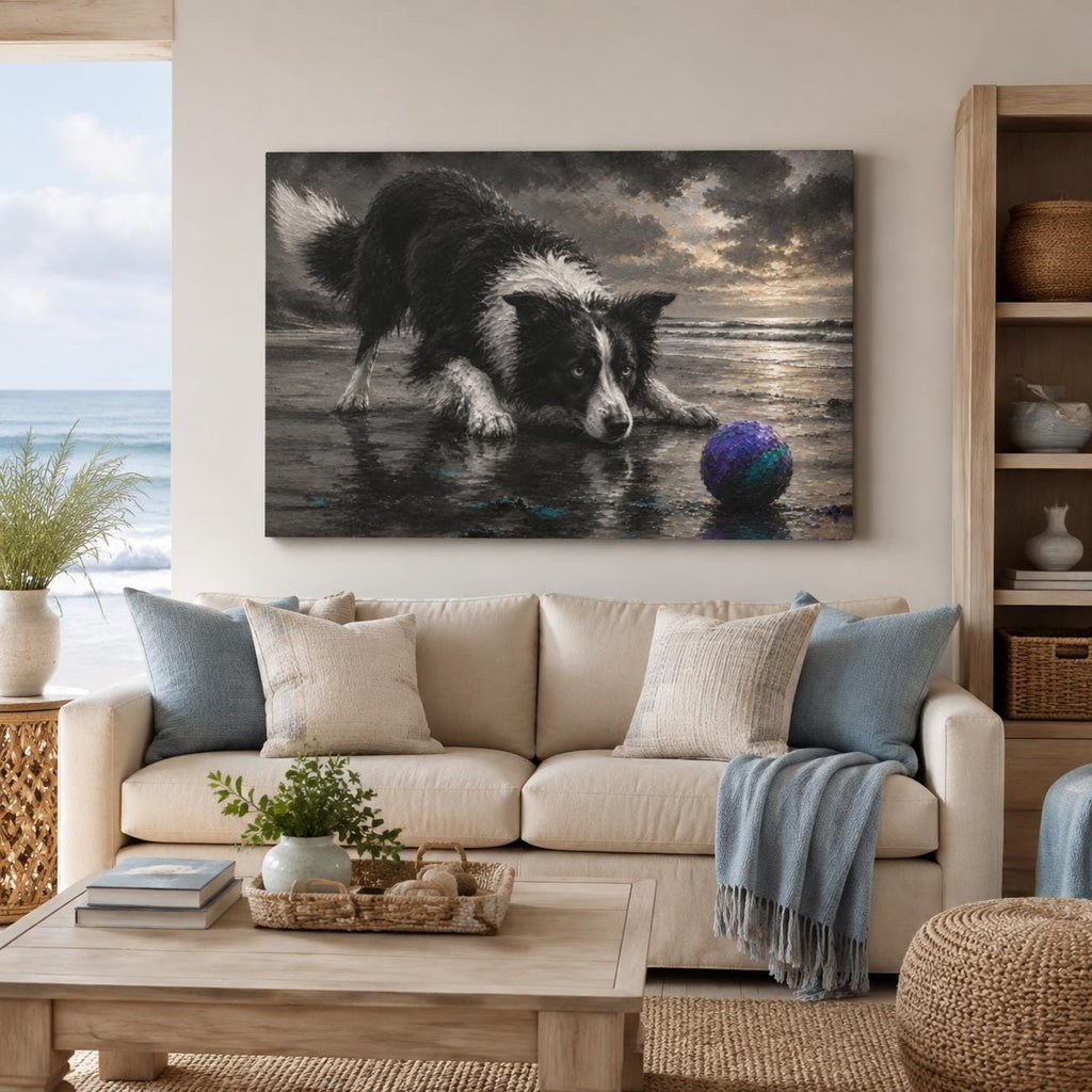 Border Collie Canvas Wall Art, Black and White Dog Beach Painting, Coastal Pet Lover Gift, Herding Dog Home Decor