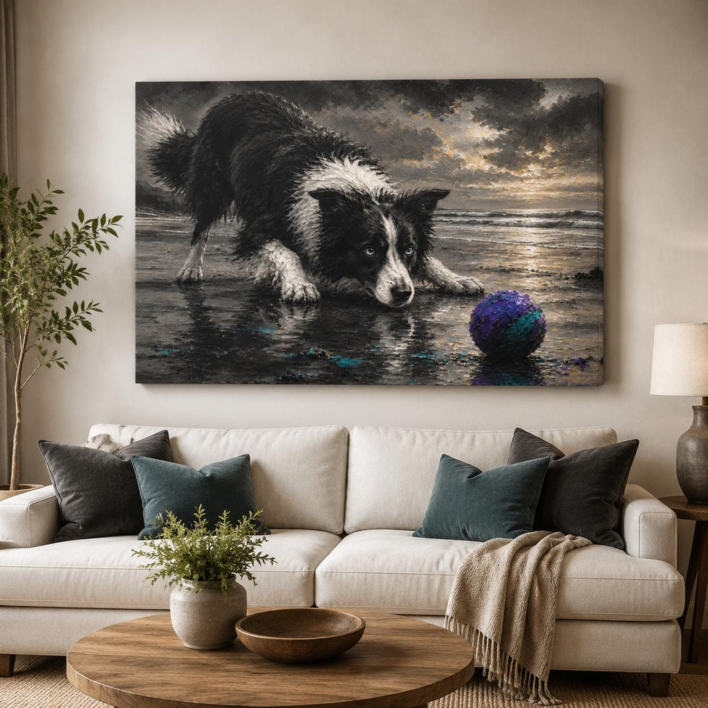 Border Collie Canvas Wall Art, Black and White Dog Beach Painting, Coastal Pet Lover Gift, Herding Dog Home Decor