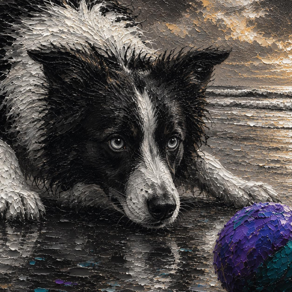 Border Collie Canvas Wall Art, Black and White Dog Beach Painting, Coastal Pet Lover Gift, Herding Dog Home Decor