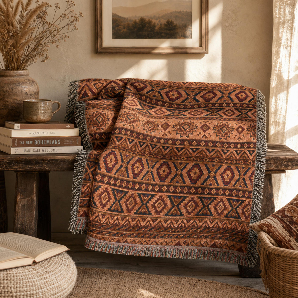 Woven Cotton Southwestern Throw Blanket, Terracotta Geometric Design, Fringed Boho Decor