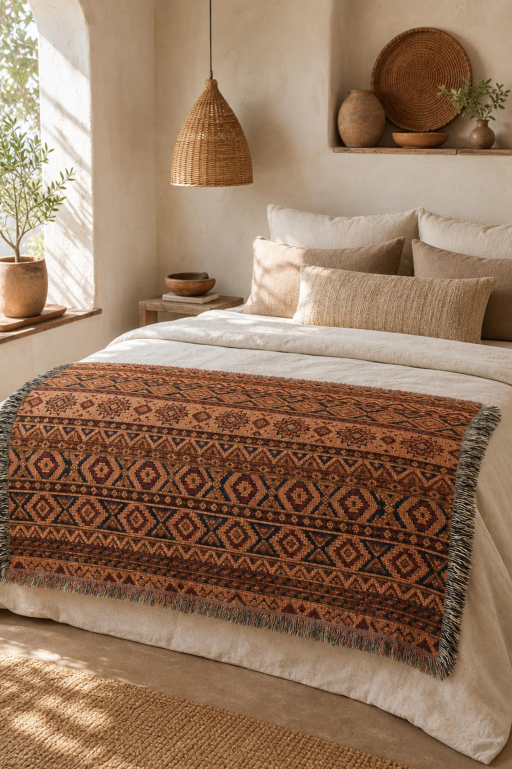 Woven Cotton Southwestern Throw Blanket, Terracotta Geometric Design, Fringed Boho Decor