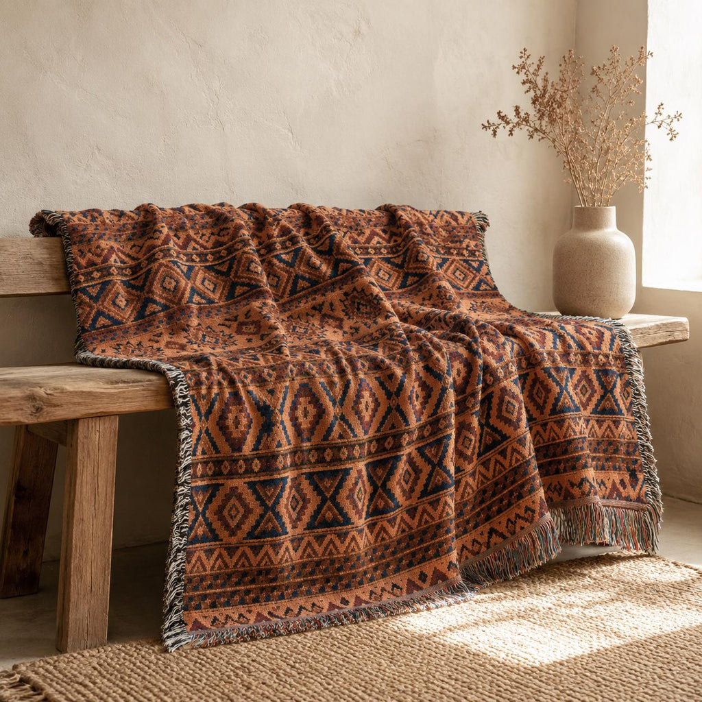Woven Cotton Southwestern Throw Blanket, Terracotta Geometric Design, Fringed Boho Decor