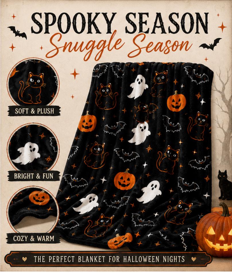 Halloween Blanket with Ghosts Black Cats and Pumpkins, Cozy Spooky Throw Blanket, Cute Halloween Decor, Fall Gift