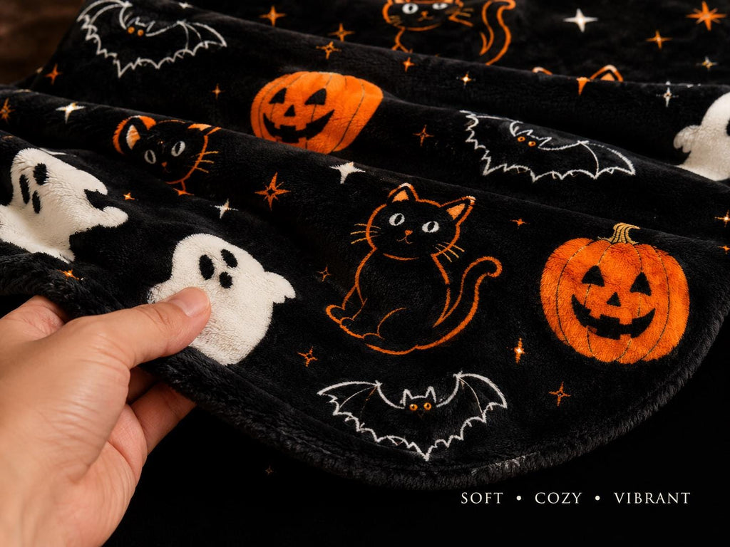 Halloween Blanket with Ghosts Black Cats and Pumpkins, Cozy Spooky Throw Blanket, Cute Halloween Decor, Fall Gift