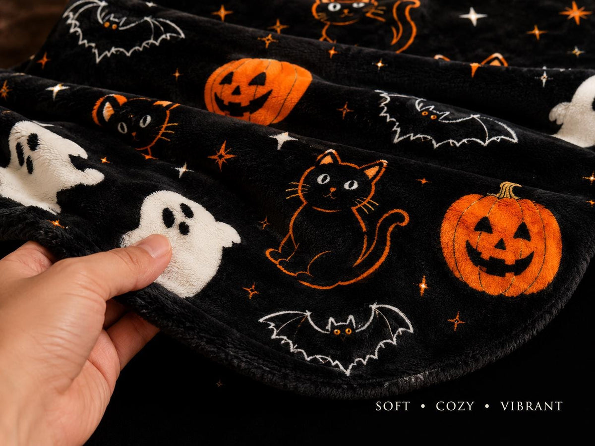 Halloween Blanket with Ghosts Black Cats and Pumpkins, Cozy Spooky Throw Blanket, Cute Halloween Decor, Fall Gift