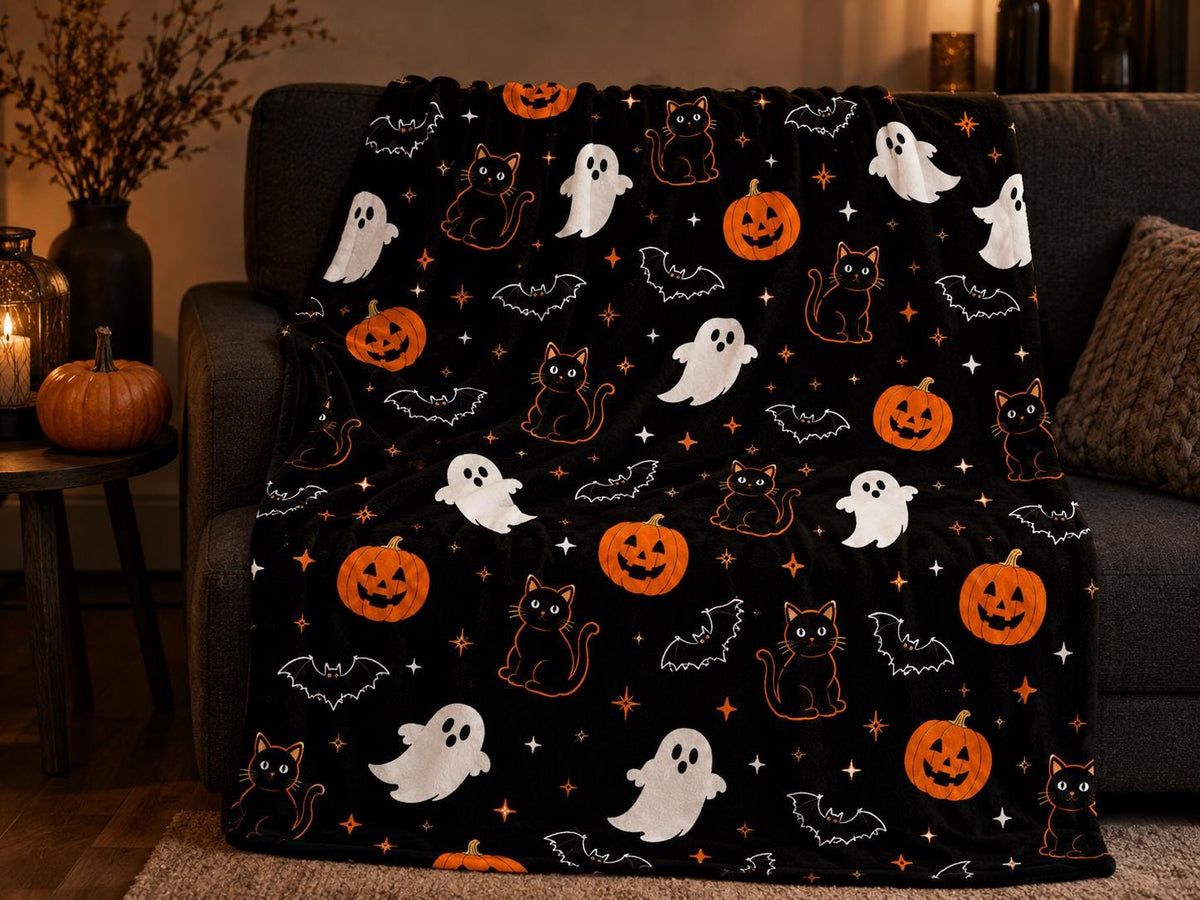 Halloween Blanket with Ghosts Black Cats and Pumpkins, Cozy Spooky Throw Blanket, Cute Halloween Decor, Fall Gift