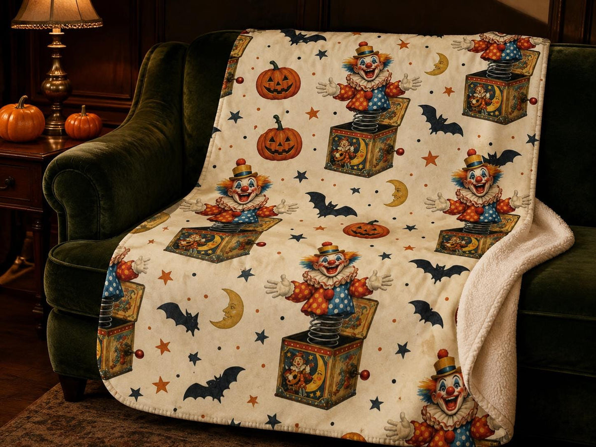 Vintage Halloween Clown Sherpa Blanket, Jack in the Box Pumpkin Throw, Retro Spooky Decor, Creepy Circus Gift, 3 Sizes