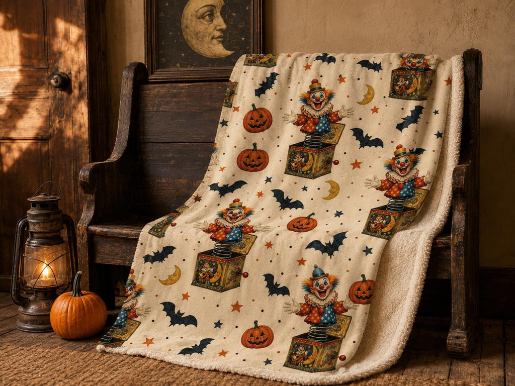 Vintage Halloween Clown Sherpa Blanket, Jack in the Box Pumpkin Throw, Retro Spooky Decor, Creepy Circus Gift, 3 Sizes