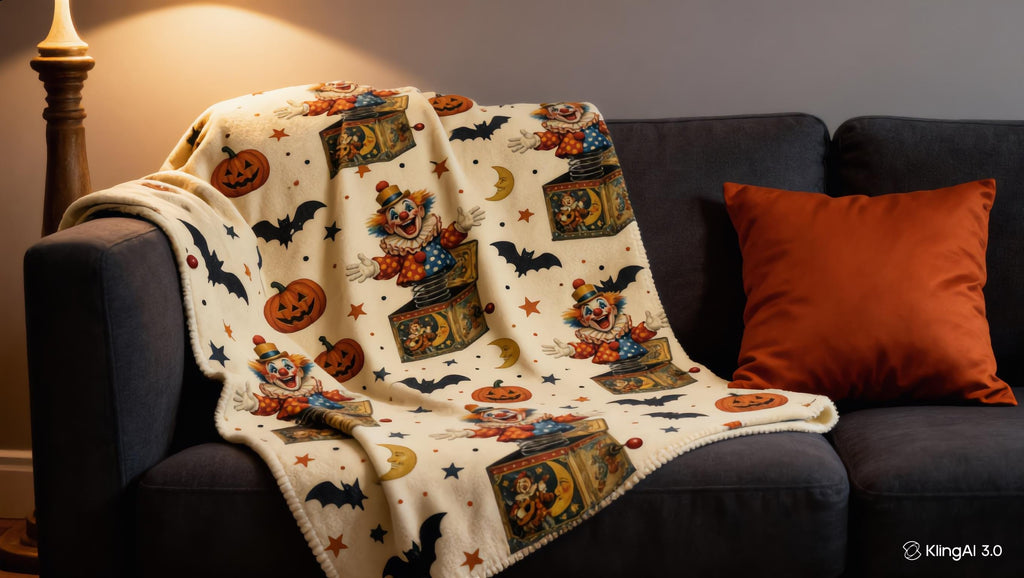 Vintage Halloween Clown Sherpa Blanket, Jack in the Box Pumpkin Throw, Retro Spooky Decor, Creepy Circus Gift, 3 Sizes
