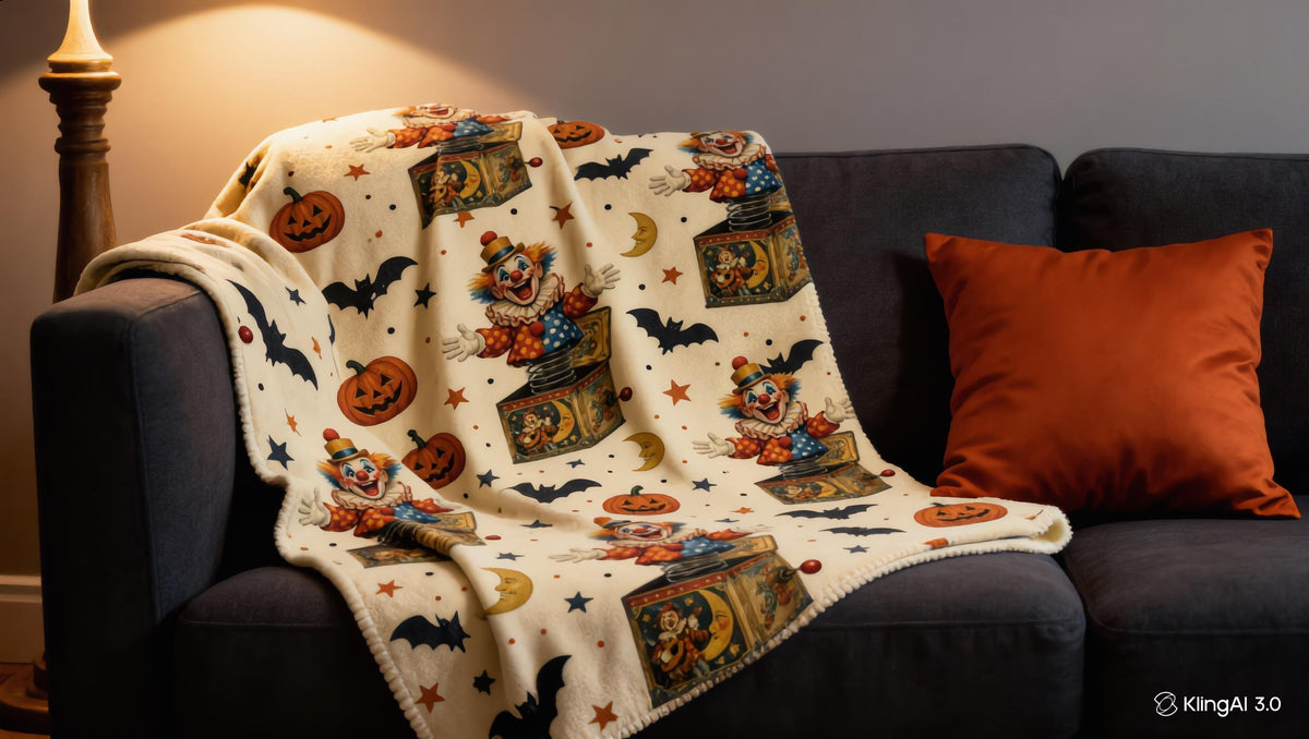 Vintage Halloween Clown Sherpa Blanket, Jack in the Box Pumpkin Throw, Retro Spooky Decor, Creepy Circus Gift, 3 Sizes