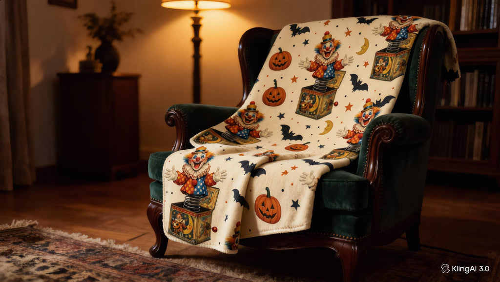 Vintage Halloween Clown Sherpa Blanket, Jack in the Box Pumpkin Throw, Retro Spooky Decor, Creepy Circus Gift, 3 Sizes