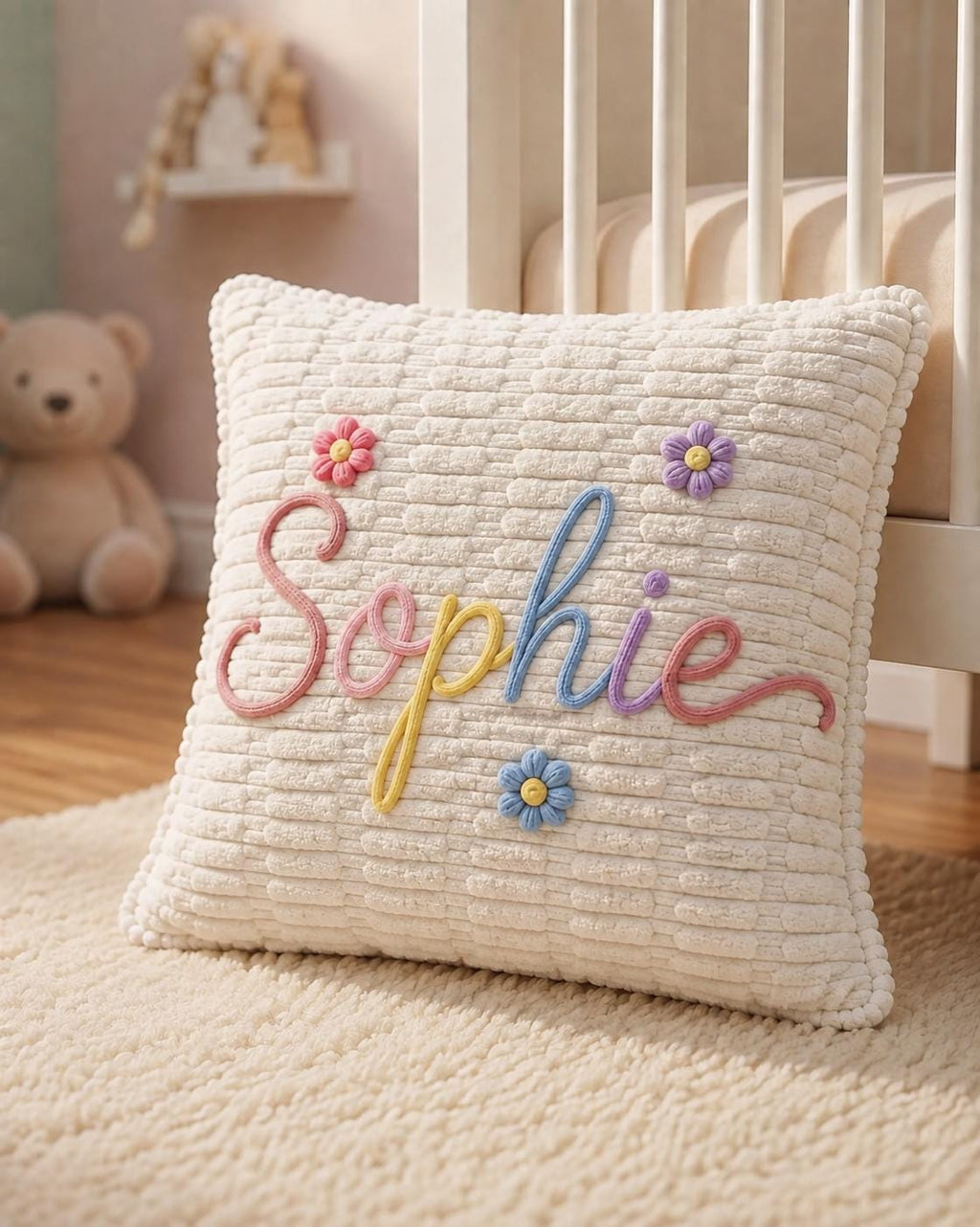 Personalized Name Pillow Cover, Custom Kids Pillow Cover, 18x18 Ribbed Plush Cushion, Nursery Decor, Girls Boys Bedroom Gift