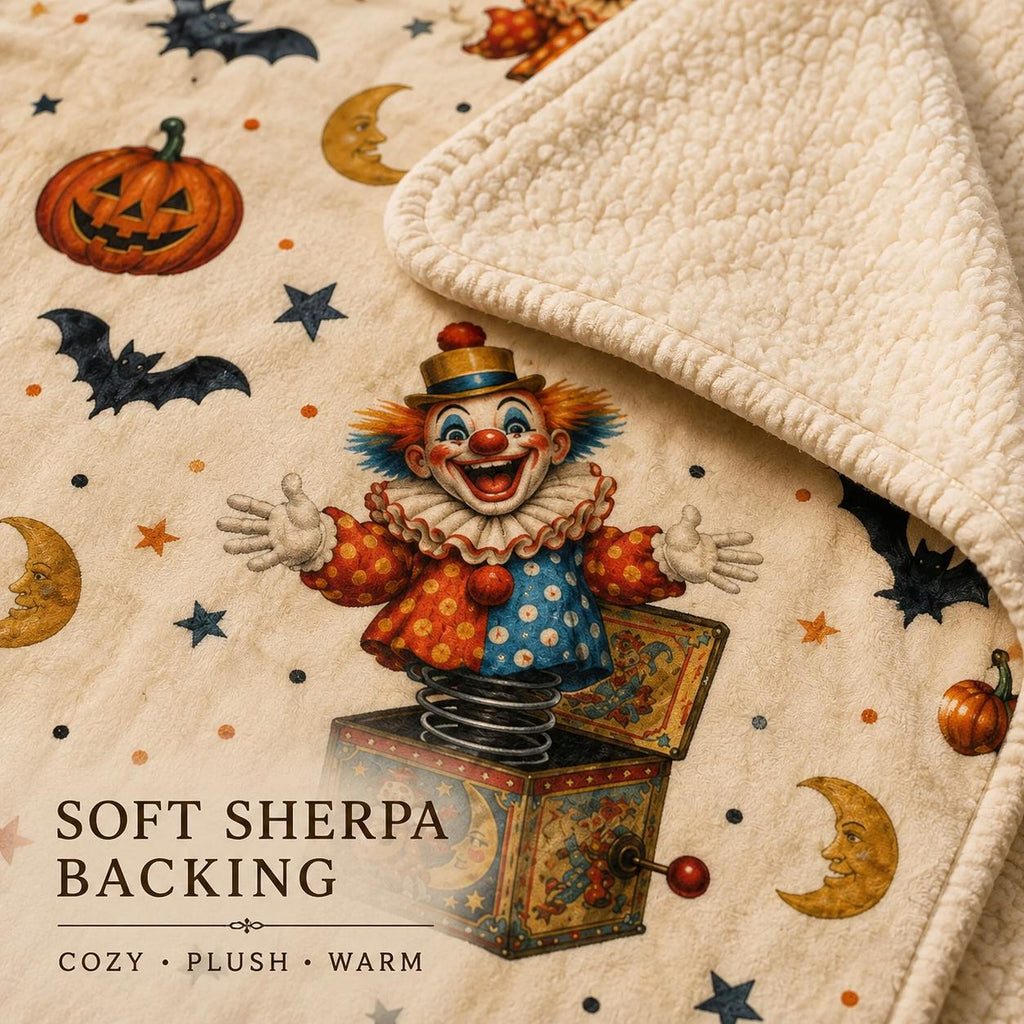 Vintage Halloween Clown Sherpa Blanket, Jack in the Box Pumpkin Throw, Retro Spooky Decor, Creepy Circus Gift, 3 Sizes
