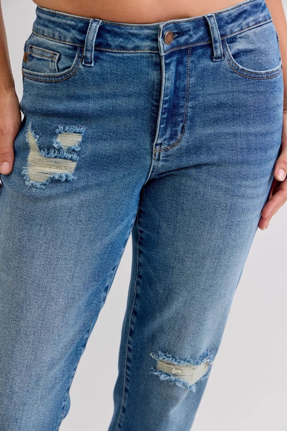 Judy Blue Full Size Mid Rise Bf Patch & Repair Destroy Release Hem Jeans Plus Size