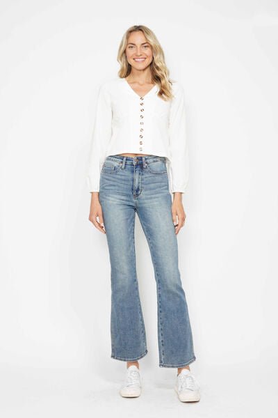 Judy Blue Full Size Tummy Control Back Embroidered Pocketed Bootcut Jeans Plus Size