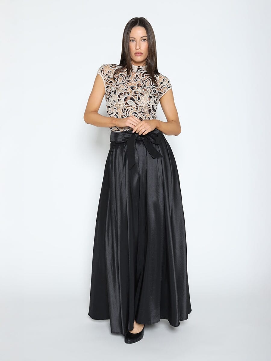Lace Overlayed Cap Sleeve Mock Neck Top