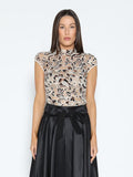 Lace Overlayed Cap Sleeve Mock Neck Top