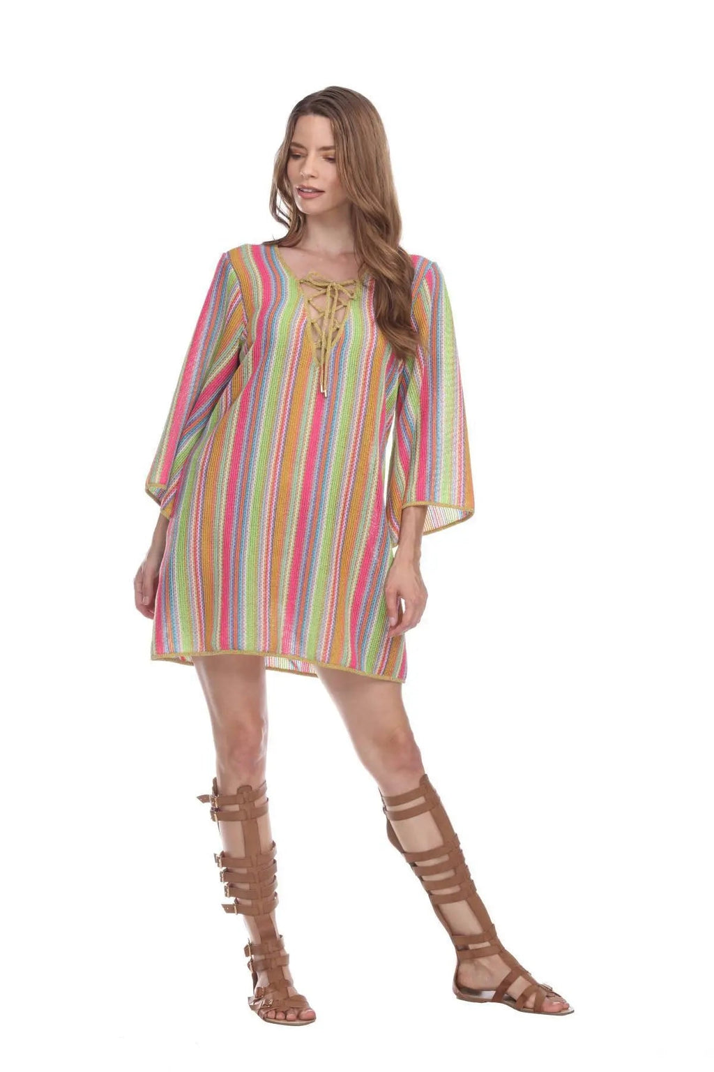 La Moda Multi-Color Stripe Pattern Short Polyester Tunic