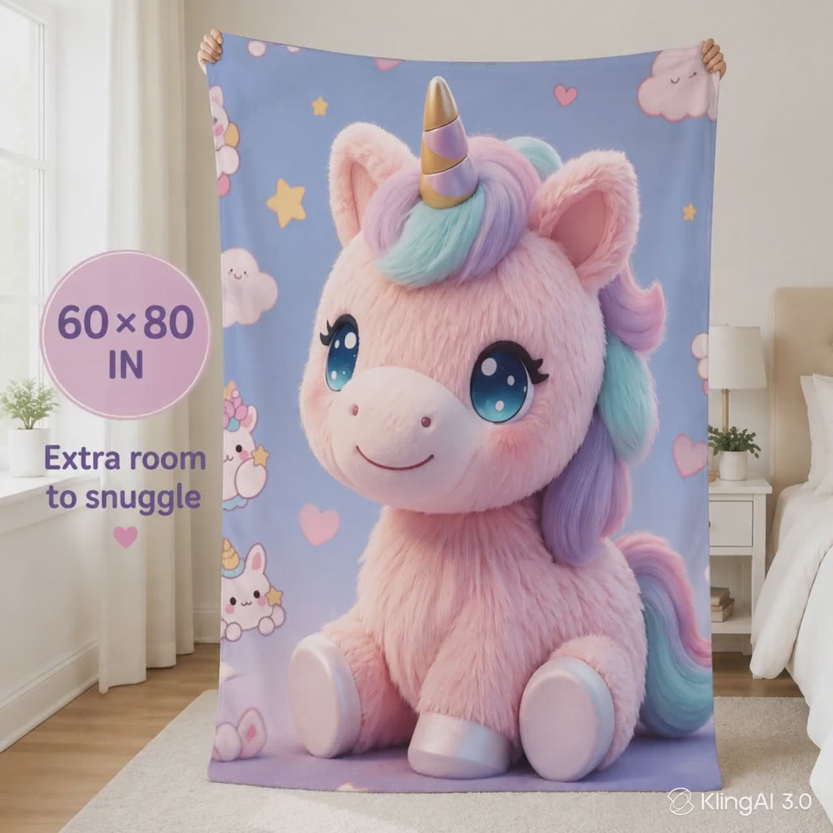 Pastel Unicorn Sherpa Blanket, Cute Kawaii Kids Throw, Girls Bedroom Decor, Cozy Unicorn Gift, Nursery Blanket
