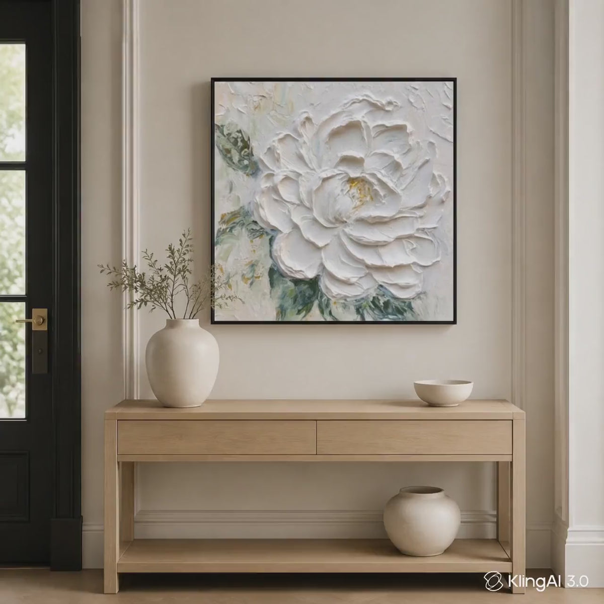 White Flower Painting, Hand Painted Textured Canvas Wall Art, Cream Floral Decor, Square Botanical Art, Framed